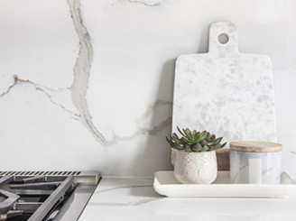 marble kitchen countertop with kitchen decorations